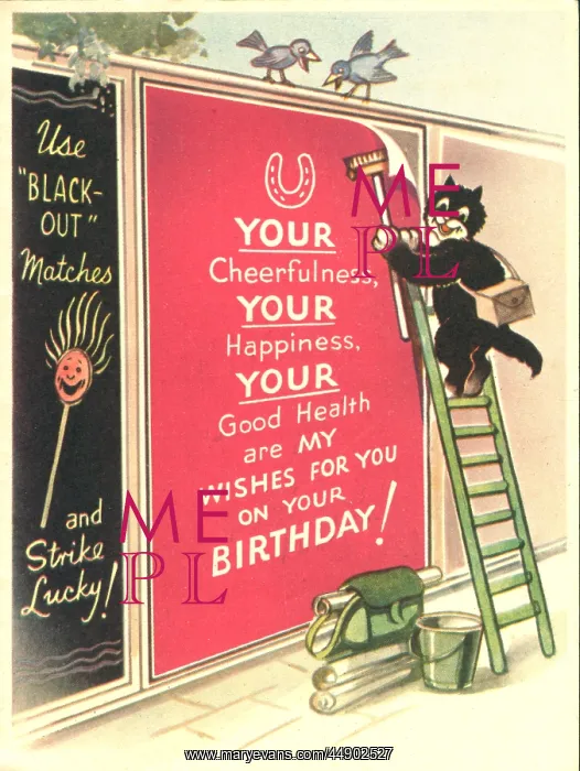 : WW2 birthday card, cat and poster : WW2 birthday card, cat and poster