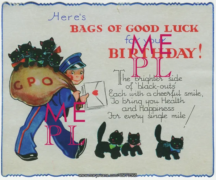 : WW2 birthday card, Postman with black kittens : WW2 birthday card, Postman with black kittens