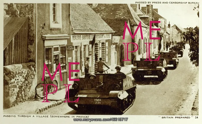 : WW2 - British tanks pass through a village : WW2 - British tanks pass through a village