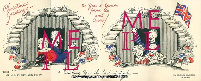 : WW2 Christmas card, two air raid shelters : WW2 Christmas card, two air raid shelters
