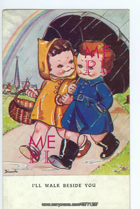 : WW2 era - Comic Postcard - I'll walk beside you : WW2 era - Comic Postcard - I'll walk beside you