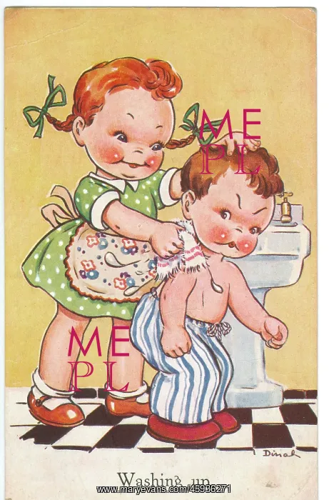 : WW2 era - Comic Postcard - Washing up : WW2 era - Comic Postcard - Washing up