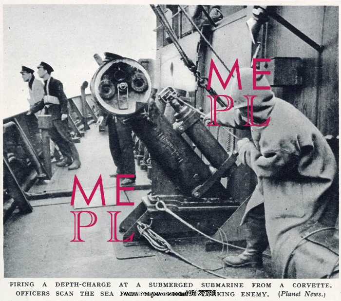 : WW2 - Firing a depth charge at a u-boat from a corvette : WW2 - Firing a depth charge at a u-boat from a corvette