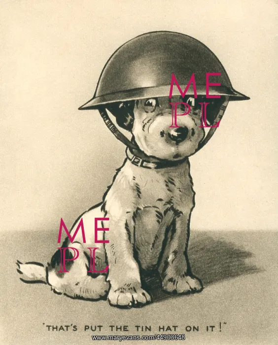 : WW2 greetings card, dog in helmet : WW2 greetings card, dog in helmet