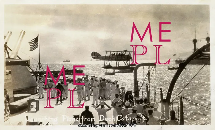 : WW2 Launching seaplane from deck catapult of a US Battleship : WW2 Launching seaplane from deck catapult of a US Battleship