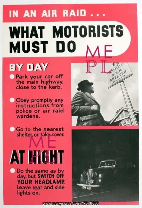 : WW2 poster, In an air raid, what motorists must do : WW2 poster, In an air raid, what motorists must do