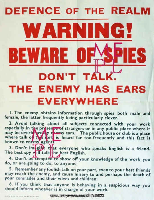 : WW2 poster, Beware of Spies! : WW2 poster, Beware of Spies!
