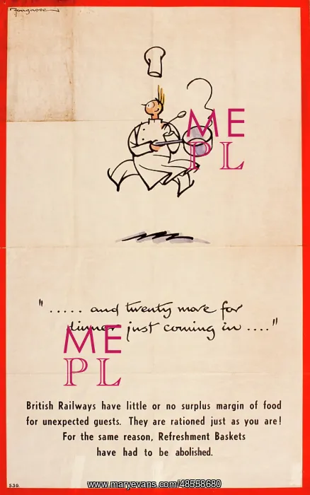 : WW2 poster, British Rail catering information : WW2 poster, British Rail catering information