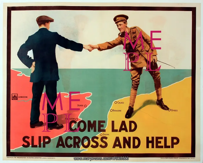 : WWI Poster, Come lad, slip across and help : WWI Poster, Come lad, slip across and help