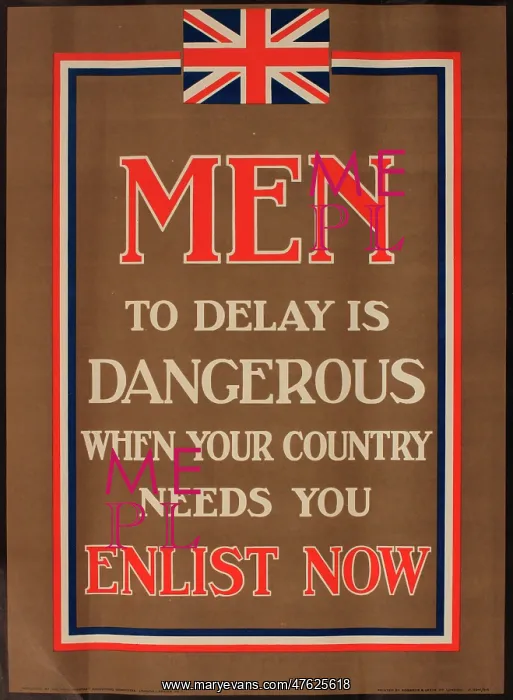 : WWI Poster, Men, to delay is dangerous : WWI Poster, Men, to delay is dangerous