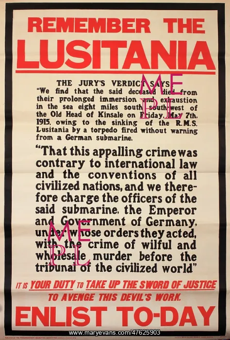 : WWI Poster, Remember the Lusitania : WWI Poster, Remember the Lusitania