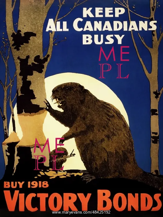 : WWI propaganda poster of beavers chewing on a : WWI propaganda poster of beavers chewing on a