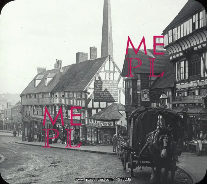 : Wyle cop - Street with timbered buildings Horse drawn wagon on right : Wyle cop - Street with timbered buildings Horse drawn wagon on right