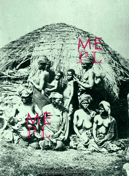 : Xhosa man and his five wives, smoking, 1878 : Xhosa man and his five wives, smoking, 1878