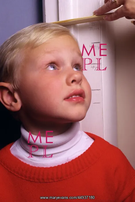 : Five Year Old Blond Boy Having his Height Measured : Five Year Old Blond Boy Having his Height Measured