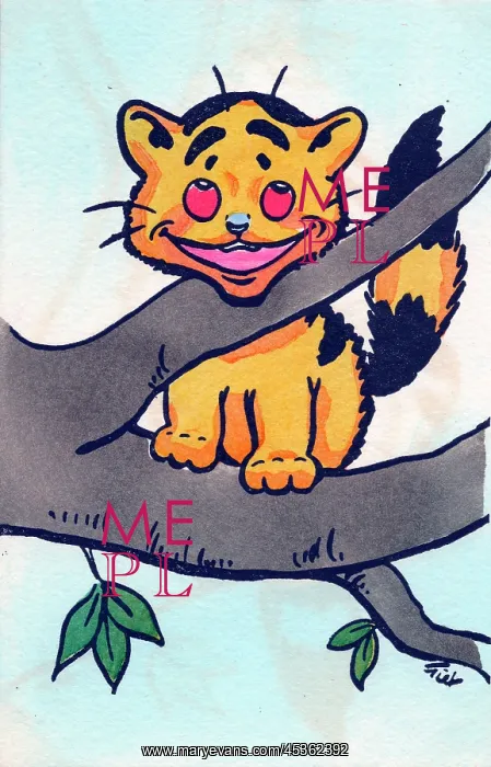  : Yellow cat in a tree on a postcard