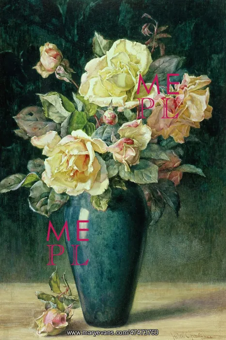  : Yellow and Pink Roses in a Blue Vase