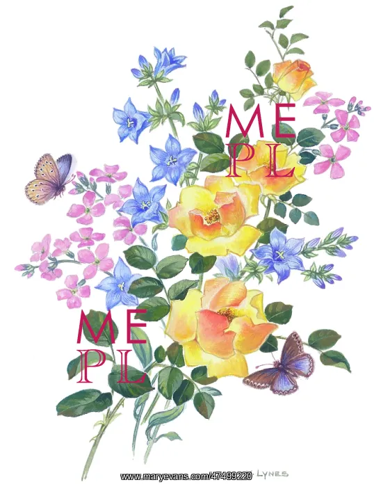  : Yellow roses, campanulas and two butterflies