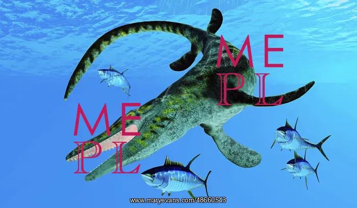: Yellowfin tuna scatter as a Tylosaurus swims after them : Yellowfin tuna scatter as a Tylosaurus swims after them