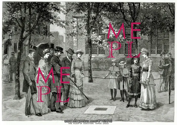 : Yeoman of the Guard showing visitors the Place of Execution : Yeoman of the Guard showing visitors the Place of Execution