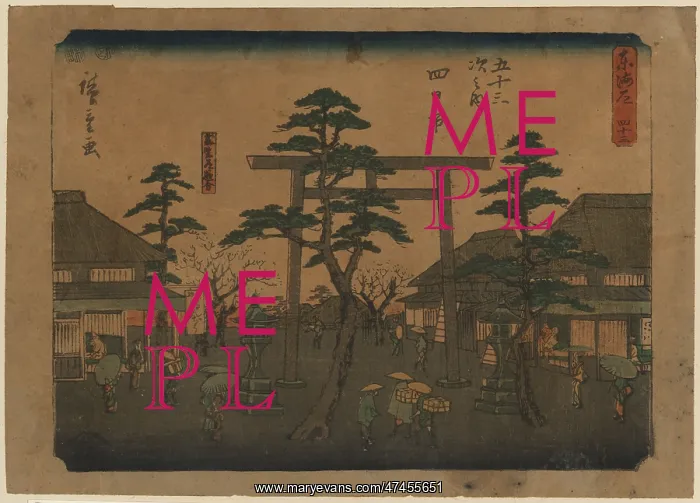 : Yokkaichi. Print shows travelers around the torii at the entrance to a : Yokkaichi. Print shows travelers around the torii at the entrance to a