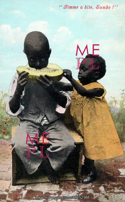 : Two young black children squabbling over a melon : Two young black children squabbling over a melon