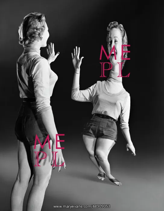 : Young Blond Laughing Woman Looking at Herself Distorted i : Young Blond Laughing Woman Looking at Herself Distorted i