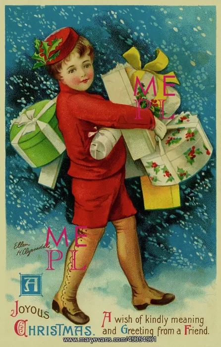 : Young boy laden with gifts : Young boy laden with gifts