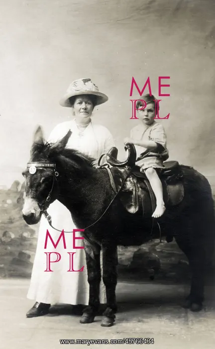 : Young Boy and his Mother - Studio photo on a donkey : Young Boy and his Mother - Studio photo on a donkey