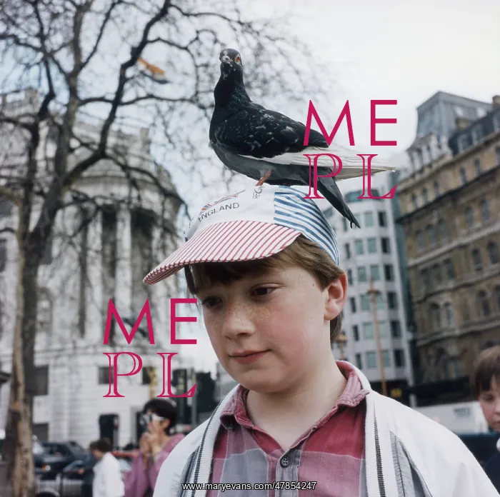 : Young boy with a pigeon on his hat, Trafalgar Square : Young boy with a pigeon on his hat, Trafalgar Square