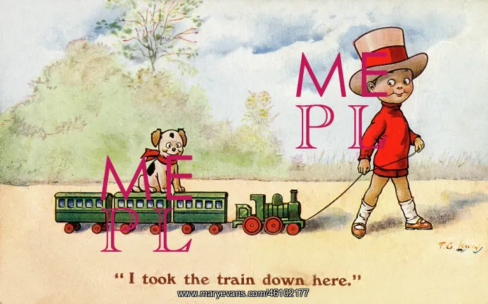 : Young boy pulls along his toy train - puppy takes a ride too : Young boy pulls along his toy train - puppy takes a ride too