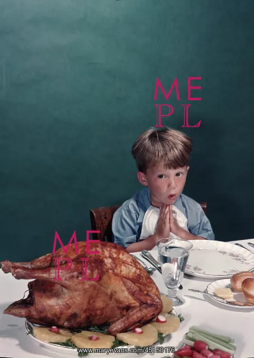 : Young boy sitting at dinner table eyeing turkey : Young boy sitting at dinner table eyeing turkey