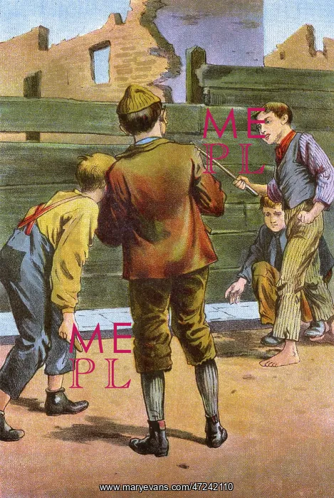  : Four young boys playing a game with a stick and a stone