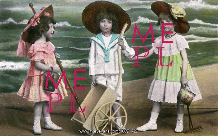: Three young children at the seaside - kitsch postcard : Three young children at the seaside - kitsch postcard