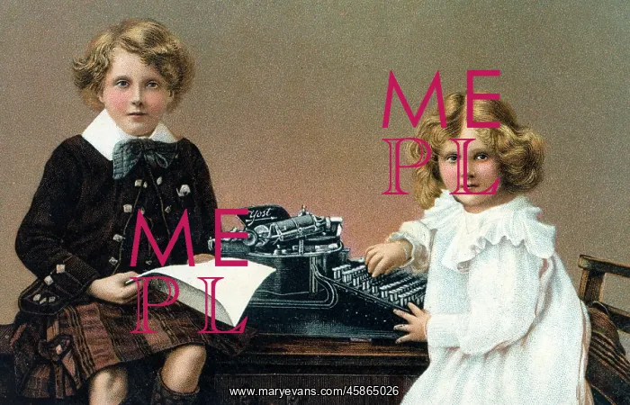 : Two young children using a Yost brand typewriter : Two young children using a Yost brand typewriter