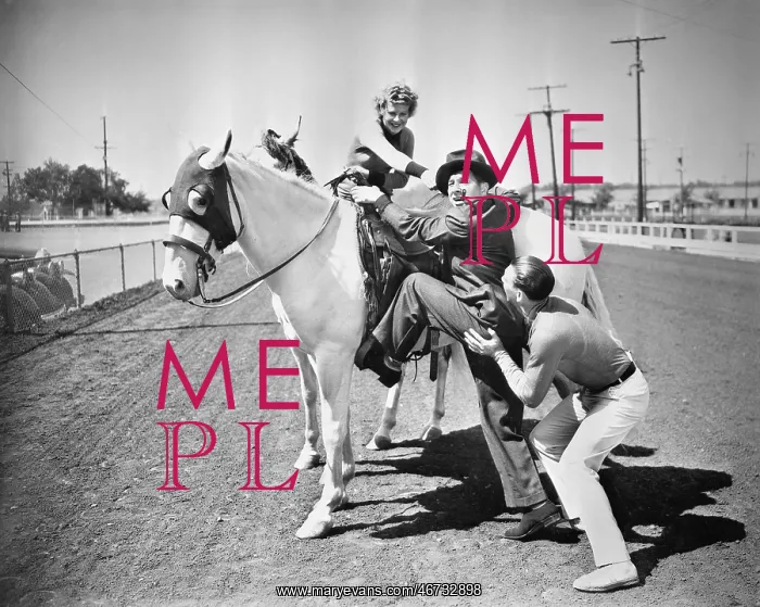 : Young couple trying to help a man get onto his horse : Young couple trying to help a man get onto his horse