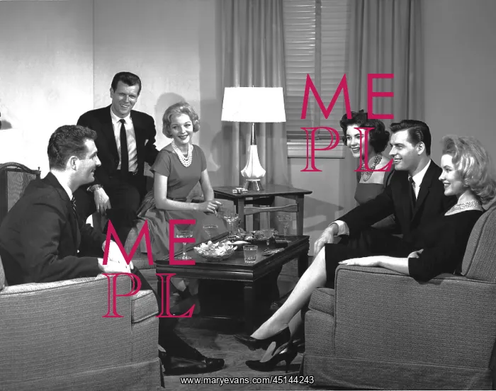: Three young couples nicely dressed sitting around talking : Three young couples nicely dressed sitting around talking