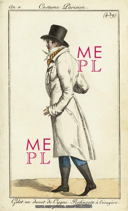 : Young dandy in horse-rider's coat, swan down waistcoat, 1803 : Young dandy in horse-rider's coat, swan down waistcoat, 1803