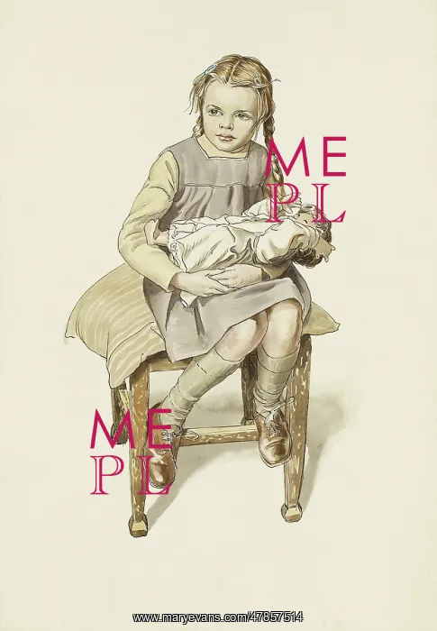 : Young girl sits on a stool with a doll : Young girl sits on a stool with a doll