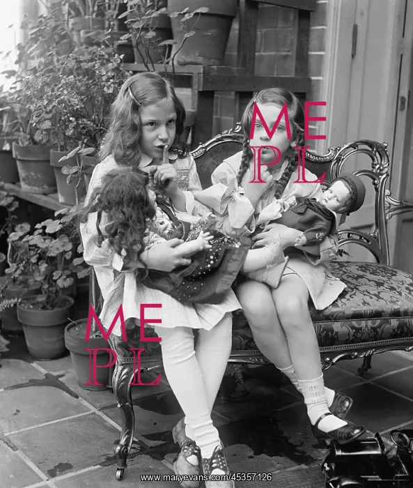 : Two young girls with dolls, ca. 1920. They ask for : Two young girls with dolls, ca. 1920. They ask for