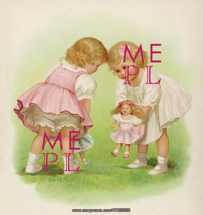 : Two young girls introduce their dolls to each other : Two young girls introduce their dolls to each other