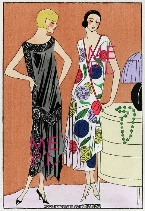: Two young ladies in dresses by Doucet : Two young ladies in dresses by Doucet