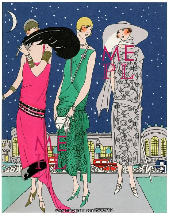 : Three young ladies in evening outfits by Worth : Three young ladies in evening outfits by Worth
