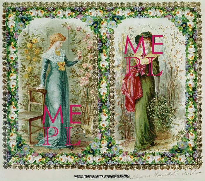 : Two young ladies with roses and mistletoe : Two young ladies with roses and mistletoe