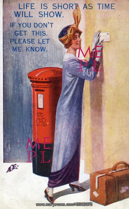 : Young lady (off on her hols!) sends a quick postcard : Young lady (off on her hols!) sends a quick postcard