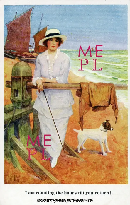 : A young lady and pet dog await the return of her beloved : A young lady and pet dog await the return of her beloved