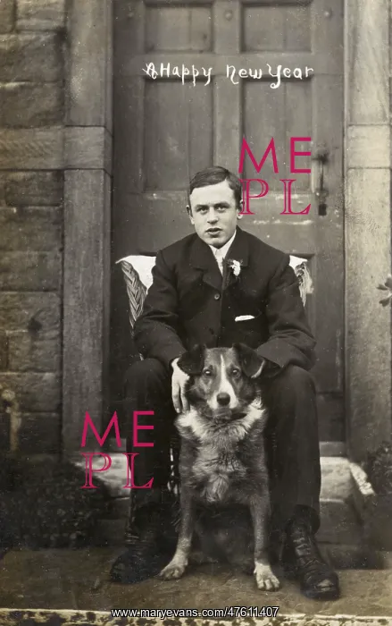: Young man with dog outside a building : Young man with dog outside a building