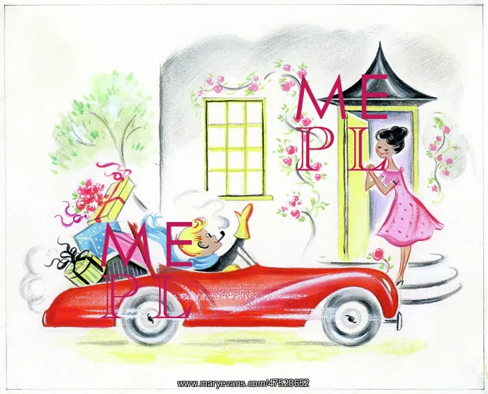 : Young man in a motor car laden with presents : Young man in a motor car laden with presents