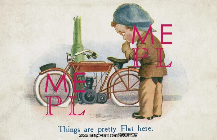 : Young man and motorcycle on a comic postcard : Young man and motorcycle on a comic postcard