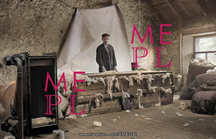 : Young man processing wool, Scotland : Young man processing wool, Scotland